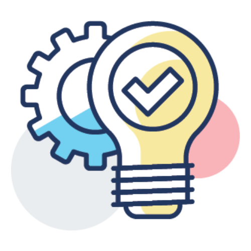 An illustration of a lightbulb with a checkmark in it. in front of a gear