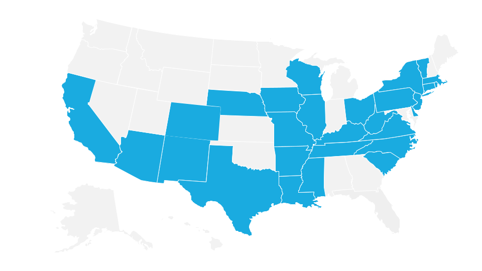 A map of the United States with some states highlighted in blue.