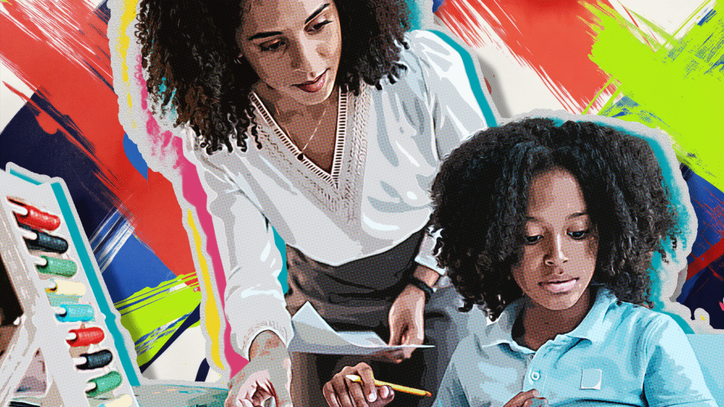 A teacher supports a student with their work.
